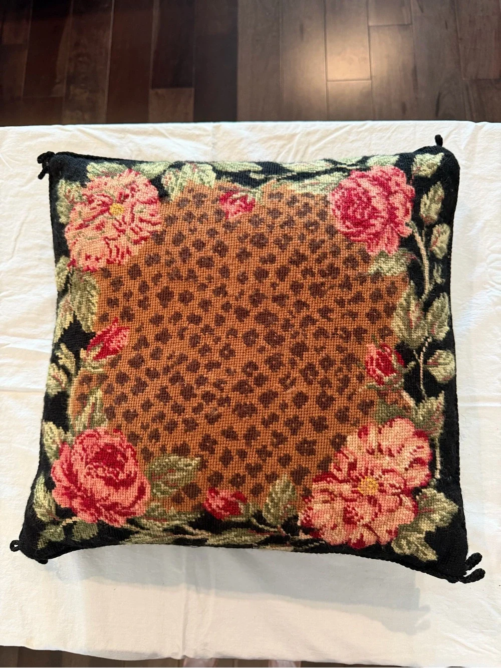Floral Needlepoint Accent Pillow in Black, Pink & Brown